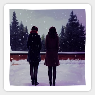 The Girls Watching the Snow at Winter - I Smell Snow - Christmas Sticker